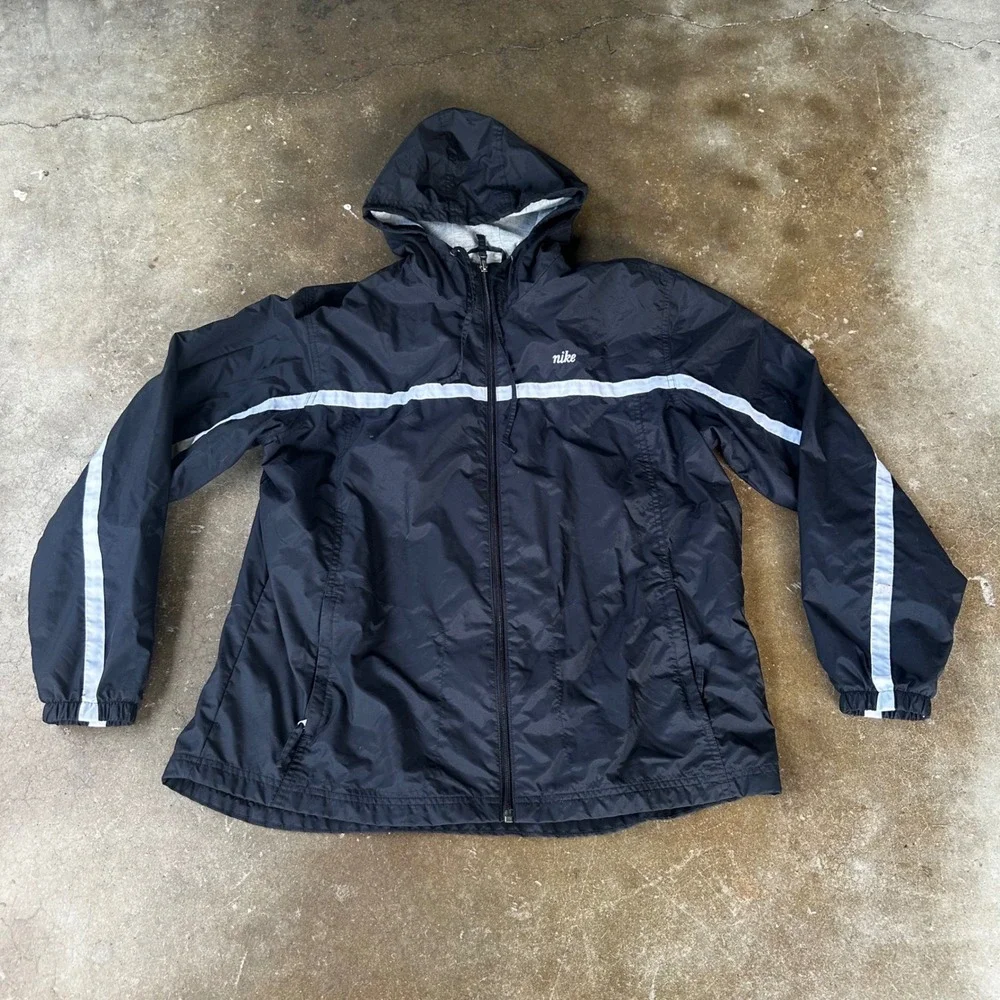 Nike Windbreaker Kids XL Black Excellent Hooded Full Zip Stripe Jacket